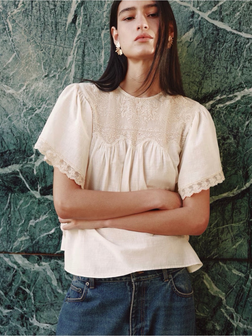 H&M Women's Cream Embroidered Lace-Trim Top. NWT SIZE SMALL